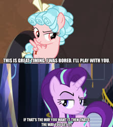 Size: 1280x1440 | Tagged: safe, edit, edited screencap, screencap, cozy glow, starlight glimmer, pegasus, pony, unicorn, every little thing she does, frenemies (episode), g4, bow, caption, comic, female, filly, hair bow, image macro, mare, meme, screencap comic, text