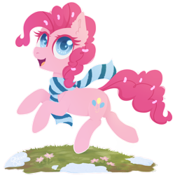 Size: 2000x2000 | Tagged: safe, artist:0okami-0ni, pinkie pie, earth pony, pony, g4, clothes, colored pupils, cute, diapinkes, ear fluff, female, flower, high res, mare, open mouth, scarf, simple background, snow, solo, transparent background