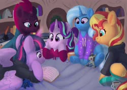 Size: 4096x2896 | Tagged: safe, artist:pucksterv, princess luna, smarty pants, starlight glimmer, sunset shimmer, tempest shadow, trixie, twilight sparkle, alicorn, pony, unicorn, blushing, book, broken horn, clothes, counterparts, cup, cute, eye scar, female, food, golden oaks library, high res, hoodie, horn, ink, inkwell, magical quintet, mare, pajamas, plushie, prone, quill, reading, scar, sitting, sleepover, smiling, socks, striped socks, tea, teabag, teacup, twilight sparkle (alicorn), twilight's counterparts, underhoof