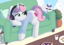 Size: 4096x2897 | Tagged: safe, artist:pucksterv, opalescence, sweetie belle, pony, unicorn, g4, book, cellphone, clothes, cookie, couch, cute, diasweetes, duo, eyes closed, female, filly, food, headphones, high res, hoodie, milk, phone, pillow, potted plant, prone, sleeping, smartphone
