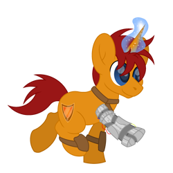 Size: 1800x1800 | Tagged: safe, artist:ponkus, oc, oc only, oc:topaz shield, pony, unicorn, fallout equestria, amputee, leather armor, magic glow, male, prosthetic leg, prosthetic limb, prosthetics, solo, stallion