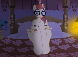 Size: 1920x1397 | Tagged: safe, artist:vibronbin13, moondancer, unicorn, anthro, plantigrade anthro, g4, barefoot, bed, bra, clothes, feet, female, fetish, foot fetish, foot focus, glasses, mare, soles, solo, toenails, toes, underwear, wiggling toes