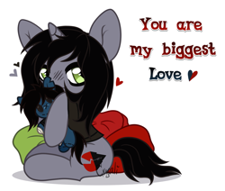 Size: 1809x1536 | Tagged: safe, artist:odinok_forever, pony, undead, unicorn, zombie, zombie pony, clothes, commission, crush plush, disguise, disguised siren, heart, hoof hold, horn, kellin quinn, looking at you, male, pillow, plushie, shirt, simple background, sitting, solo, stallion, t-shirt, text, white background, ych result