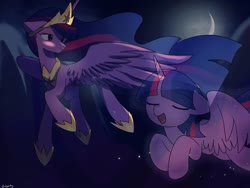 Size: 2048x1536 | Tagged: safe, artist:twily27889053, twilight sparkle, alicorn, pony, the last problem, crescent moon, crown, duality, eyes closed, female, floppy ears, flying, hoof shoes, jewelry, mare, moon, night, older, older twilight, open mouth, princess twilight 2.0, regalia, self ponidox, sky, spread wings, stars, time paradox, twilight sparkle (alicorn), wings