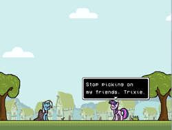 Size: 546x412 | Tagged: safe, artist:softlava, trixie, twilight sparkle, pony, unicorn, game:element of justice, g4, element of justice, female, game screencap, mare, pixel art, rpg maker vx ace, tree