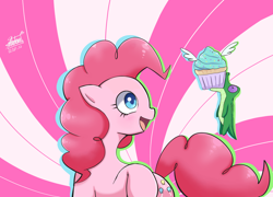 Size: 1920x1380 | Tagged: safe, artist:arrsitoblue, gummy, pinkie pie, alligator, earth pony, pony, g4, cupcake, cute, diapinkes, duo, eating, female, flying, food, mare, open mouth, profile, wings
