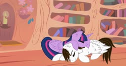 Size: 1280x677 | Tagged: safe, artist:thelifedragonslayer, twilight sparkle, oc, oc:andres vargas, alicorn, pony, g4, andlight, canon x oc, ear fluff, female, golden oaks library, male, shipping, straight, twilight sparkle (alicorn)