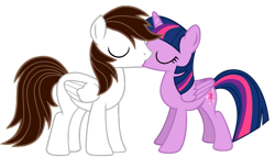 Size: 1024x587 | Tagged: safe, artist:andrestoons, twilight sparkle, oc, oc:andres vargas, alicorn, pony, g4, andlight, canon x oc, female, kissing, male, shipping, simple background, straight, transparent background, twilight sparkle (alicorn)