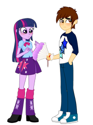 Size: 1404x1887 | Tagged: safe, artist:andrestoons, twilight sparkle, oc, oc:andres vargas, alicorn, human, equestria girls, g4, andlight, blushing, bouquet, canon x oc, clothes, female, flower, male, shipping, straight, twilight sparkle (alicorn)