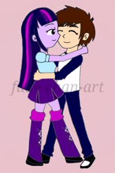 Size: 1024x1536 | Tagged: safe, artist:fude-chan-art, twilight sparkle, oc, oc:andres vargas, equestria girls, g4, andlight, canon x oc, female, hug, male, shipping, straight