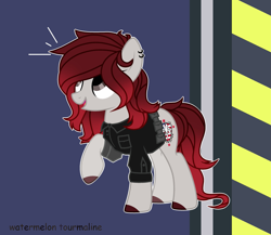 Size: 2487x2160 | Tagged: safe, artist:zephrrcue, oc, oc only, oc:laurie hartmare, earth pony, pony, belt, clothes, ear piercing, earring, female, high res, jewelry, mare, open mouth, piercing, police, police officer, pouch, raised hoof, shirt, solo