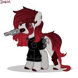 Size: 1024x1024 | Tagged: safe, artist:zephrrcue, oc, oc only, oc:laurie hartmare, earth pony, pony, belt, clothes, delet this, ear piercing, earring, female, gun, handgun, holster, jewelry, mare, mouth hold, piercing, police, police officer, pouch, revolver, shirt, simple background, solo, white background