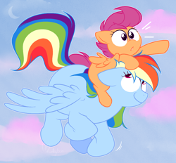 Size: 1280x1188 | Tagged: safe, artist:vellichorom, rainbow dash, scootaloo, pegasus, pony, g4, cloud, crescent moon, cute, cutealoo, dashabetes, duo, female, filly, floppy ears, flying, mare, moon, ponies riding ponies, riding, scootaloo riding rainbow dash, scootalove, sky, spread wings, wings