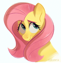 Size: 1744x1800 | Tagged: safe, artist:askometa, fluttershy, pegasus, pony, g4, bust, cute, eyebrows, eyebrows visible through hair, female, looking sideways, mare, portrait, shyabetes, simple background, smiling, solo, three quarter view, white background