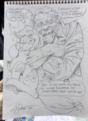 Size: 746x1024 | Tagged: safe, artist:andypriceart, applejack, earth pony, pony, g4, :p, dc comics, female, freckles, hug, hugging a pony, manly guys doing manly things, mare, monochrome, photo, signature, smiling, solomon grundy, squeezing, tongue out, traditional art