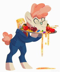 Size: 1670x2000 | Tagged: safe, artist:askometa, svengallop, earth pony, pony, g4, abuse, apple, bipedal, candy gore, cherry, decapitated, donut, dripping, eyes closed, food, gem, gift art, glasses, glitter, headless, holding, male, modular, plate, severed head, simple background, smiling, solo, stallion, straw in mouth, suit and tie, svenabuse, wheat, white background, yellow cherry