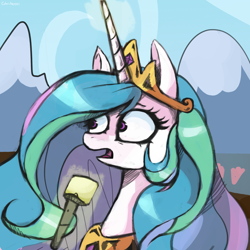 Size: 2000x2000 | Tagged: safe, artist:colochenni, princess celestia, alicorn, pony, g4, crown, disturbed, drawthread, female, glowing horn, god forbid a molester, high res, horn, jewelry, magic, mare, microphone, nicole oliver, peytral, ponified meme, reaction image, regalia, solo, telekinesis