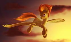 Size: 1500x900 | Tagged: safe, artist:askometa, spitfire, pegasus, pony, g4, bedroom eyes, female, flying, lidded eyes, looking at you, mare, seductive look, sexy, smiling, smiling at you, solo, spread wings, stupid sexy spitfire, sunset, wings