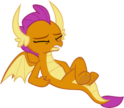 Size: 6654x5797 | Tagged: safe, artist:memnoch, smolder, dragon, g4, what lies beneath, absurd resolution, claws, cringing, crossed legs, dragoness, eyes closed, fangs, female, horns, lip bite, on back, simple background, solo, spread wings, teenaged dragon, teenager, toes, transparent background, underfoot, vector