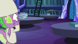 Size: 1920x1080 | Tagged: safe, screencap, spike, dragon, a trivial pursuit, g4, book, hat, ladder, library, male, nightcap, solo, twilight's castle, twilight's castle library, winged spike, wings