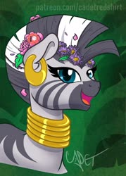 Size: 1500x2100 | Tagged: safe, artist:cadetredshirt, zecora, pony, zebra, g4, accessory, beautiful, ear piercing, earring, female, flower, flower in hair, jewelry, mare, mohawk, neck rings, piercing, smiling, solo