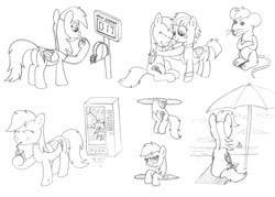 Size: 1120x800 | Tagged: safe, artist:m.w., rainbow dash, windy whistles, mouse, pegasus, pony, g4, atg 2017, beach, beach umbrella, cute, drinking, drinking straw, eyes closed, female, hoof hold, juice, juice box, mare, monochrome, mother and child, mother and daughter, mousified, newbie artist training grounds, ocean, parent:windy whistles, portal, rainbow mouse, simple background, species swap, vending machine, white background