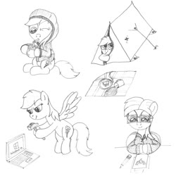 Size: 1100x1100 | Tagged: safe, artist:m.w., rainbow dash, pegasus, pony, g4, atg 2017, clothes, computer, cute, drinking, drinking straw, female, hammer, hoodie, laptop computer, mare, monochrome, newbie artist training grounds, one eye closed, simple background, sitting, tent, white background