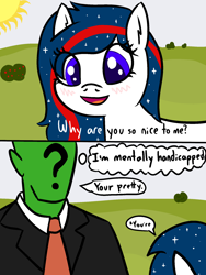 Size: 1500x2000 | Tagged: safe, artist:poniidesu, oc, oc only, oc:anon, earth pony, human, pony, blushing, clothes, dialogue, eye clipping through hair, forrest gump, necktie, ponified, speech, suit, sun, text, the game