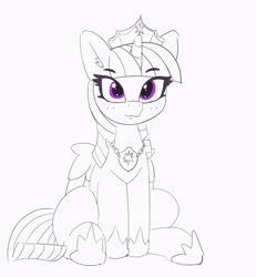 Size: 3782x4096 | Tagged: safe, artist:pabbley, twilight sparkle, alicorn, pony, g4, ear fluff, female, hoof shoes, jewelry, looking at you, mare, monochrome, partial color, peytral, regalia, simple background, sitting, smiling, solo, twilight sparkle (alicorn), white background
