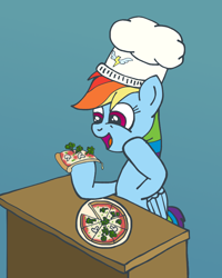Size: 800x1000 | Tagged: safe, artist:m.w., rainbow dash, pegasus, pony, g4, broccoli, chef's hat, cute, female, food, hat, herbivore, hoof hold, mare, mushroom, pizza, smiling, solo, that pony sure does love pizza