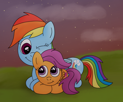 Size: 1200x1000 | Tagged: safe, artist:m.w., rainbow dash, scootaloo, pegasus, pony, g4, cute, cutealoo, dashabetes, female, filly, mare, one eye closed, prone, scootadoption, scootalove, siblings, sisters