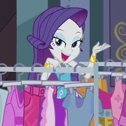 Size: 720x720 | Tagged: safe, screencap, rarity, equestria girls, equestria girls series, g4, street chic, spoiler:eqg series (season 2), autumn, clothes, clothes rack, cropped, eyeshadow, female, geode of shielding, lidded eyes, looking at you, magical geodes, makeup, open mouth, smiling, smiling at you, solo, window