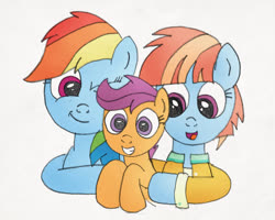 Size: 1000x800 | Tagged: safe, artist:m.w., rainbow dash, scootaloo, windy whistles, pegasus, pony, g4, cardigan, cute, family, female, filly, mare, mother and child, mother and daughter, one eye closed, parent:windy whistles, scootadoption, scootalove, siblings, simple background, sisters, white background