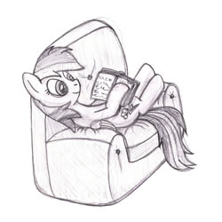 Size: 1000x1000 | Tagged: safe, artist:m.w., rainbow dash, pegasus, pony, g4, armchair, book, chair, cute, female, lying down, mare, monochrome, non-euclidean, on back, reading, simple background, solo, white background