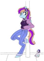 Size: 1300x1789 | Tagged: safe, artist:supra80, rarity, oc, oc only, oc:bittersweet, bird, pegasus, pigeon, anthro, unguligrade anthro, clothes, female, headphones, hoodie, jeans, pants, photoshop, solo, wip