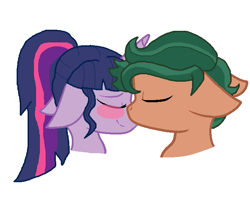 Size: 707x571 | Tagged: safe, artist:huskyrbtorchick, sci-twi, timber spruce, twilight sparkle, pony, unicorn, equestria girls, g4, blushing, bust, cute, equestria girls ponified, eyes closed, female, floppy ears, kissing, male, mare, ponified, portrait, shipping, simple background, stallion, straight, timbertwi, unicorn sci-twi, white background