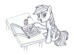 Size: 1000x750 | Tagged: safe, artist:m.w., rainbow dash, pegasus, pony, g4, cute, drinking straw, female, food, mare, monochrome, pizza, simple background, sitting, smiling, soda, soda can, solo, that pony sure does love pizza, white background