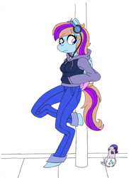 Size: 1300x1789 | Tagged: safe, alternate version, artist:supra80, rarity, oc, oc only, oc:bittersweet, bird, pegasus, pigeon, anthro, unguligrade anthro, clothes, female, headphones, hoodie, jeans, pants, photoshop, solo, wip
