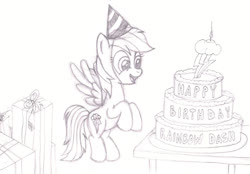 Size: 1150x800 | Tagged: safe, artist:m.w., rainbow dash, pegasus, pony, g4, birthday, birthday cake, cake, cute, female, food, happy birthday, hat, mare, monochrome, party hat, present, rainbow dash day, rainbow dash's birthday, solo