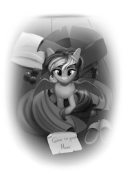 Size: 1600x2200 | Tagged: safe, artist:discordthege, derpibooru exclusive, rainbow dash, pegasus, pony, fanfic:my little dashie, g4, blanket, box, clothes, commission, cute, eye reflection, fanfic art, female, filly, filly rainbow dash, grayscale, looking at you, mare, monochrome, raised hoof, reflection, sign, slippers, solo, wings, younger