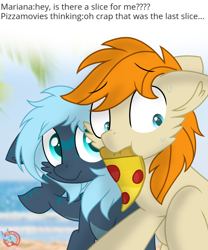 Size: 1102x1324 | Tagged: safe, artist:rainbow eevee, oc, oc only, oc:mariana, oc:pizzamovies, earth pony, original species, pony, shark, shark pony, beach, blue eyes, dialogue, duo, eyebrows, eyebrows visible through hair, female, food, male, meat, mouth hold, ocean, pepperoni, pepperoni pizza, pizza, sand, sweat, text, worried