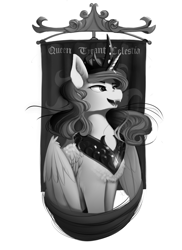 Size: 1600x2200 | Tagged: safe, artist:discordthege, derpibooru exclusive, princess celestia, alicorn, pony, fanfic:evil is easy, g4, banner, clothes, commission, evil, fanfic art, fangs, female, grayscale, horn, jewelry, mare, monochrome, peytral, simple background, solo, tiara, white background, wings