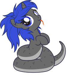 Size: 2377x2610 | Tagged: safe, artist:lightning stripe, derpibooru exclusive, oc, oc:dream vezpyre, oc:dream², lamia, original species, pony, snake, snake pony, unicorn, g4, :p, blue eyes, blue mane, coils, commission, cute, female, filly, foal, forked tongue, gray coat, high res, horn, lamia dream², lamiafied, messy mane, mute, ocbetes, show accurate, simple background, species swap, tongue out, transparent background, vector