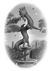 Size: 1600x2200 | Tagged: safe, artist:discordthege, derpibooru exclusive, discord, draconequus, fanfic:the keepers of discord, g4, commission, fanfic art, fangs, grayscale, male, monochrome, petrification, solo, statue, statue discord