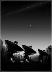 Size: 1600x2200 | Tagged: safe, artist:lunebat, fanfic:first contact is magic, commission, fanfic art, forest, grayscale, monochrome, night, night sky, no pony, satellite dish, scenery, sky, stars