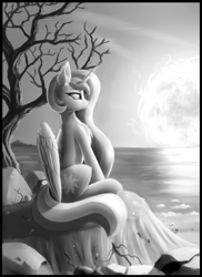 Size: 1600x2200 | Tagged: safe, artist:lightly-san, derpibooru exclusive, princess celestia, alicorn, pony, fanfic:the mare at the end of forever, g4, beach, commission, dead tree, fanfic art, female, grayscale, horn, mare, monochrome, ocean, red giant, sad, sitting, solo, sun, tree, wings