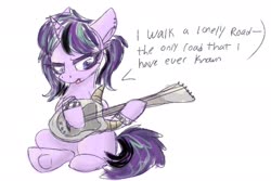 Size: 3000x2004 | Tagged: safe, artist:lbrcloud, starlight glimmer, pony, unicorn, g4, alternate hairstyle, boulevard of broken dreams, bracelet, dialogue, emo, female, goth, green day, guitar, high res, jewelry, mare, musical instrument, piercing, pigtails, singing, solo, teenage glimmer, teenager, younger