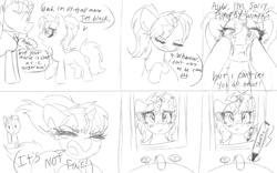 Size: 3840x2400 | Tagged: safe, alternate version, artist:lbrcloud, firelight, starlight glimmer, pony, unicorn, g4, angst, cheek squish, comic, crying, dialogue, emo, goth, high res, mirror, monochrome, pigtails, squishy cheeks, teenage glimmer, teenager, younger