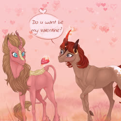 Size: 1200x1200 | Tagged: safe, artist:dementra369, oc, oc only, oc:needlecure, kirin, pony, unicorn, female, holiday, looking at each other, mare, shipping, valentine's day