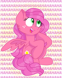 Size: 1002x1265 | Tagged: safe, artist:rainbow eevee, oc, oc only, oc:bitter flower, pegasus, pony, are you kidding me, cute, cutie mark, female, freckles, hahahahahahaha, joke, laughing, offspring, open mouth, parent:big macintosh, parent:fluttershy, parents:fluttermac, pegasus oc, sitting, solo, spread wings, wings
